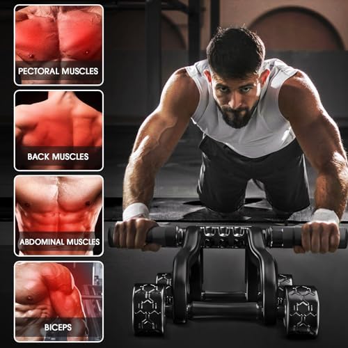 Pushup Bar, Ejercicio En Casa Kit, 4 Ruedas Rodillo Abdominales+Barra para Flexiones+Cuerda para Saltar+Mat+Fortalecedores de Manos, Para Entrenamiento en Casa Ejercicios Fitness