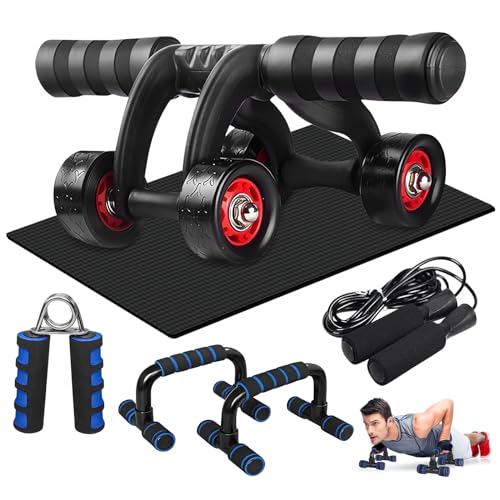 Pushup Bar, Ejercicio En Casa Kit, 4 Ruedas Rodillo Abdominales+Barra para Flexiones+Cuerda para Saltar+Mat+Fortalecedores de Manos, Para Entrenamiento en Casa Ejercicios Fitness