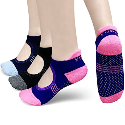 PUTUO Calcetines de Yoga Antideslizantes para Mujer: Calcetin Pilates para Mujeres para Yoga Danza Deporte Ballet Tamaño 37-42 Rosa Negro Azul 3 pares