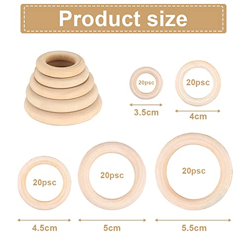 QINERSAW 100 PCS Anillos de Madera Natural 3,5 cm 4 cm 4,5 cm 5 cm 5,5 cm Anillos de Madera para Macramé para Hobby Creativo, Manualidades, Decoración