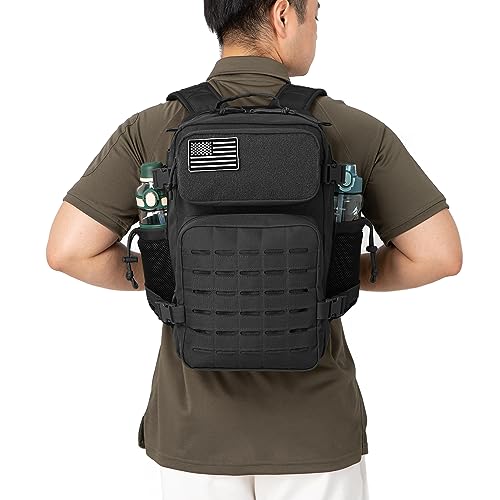 QT&QY Mochila táctica militar de 25L para hombres, con corte láser Molle, mochila de supervivencia pequeña, bolsa de gimnasio, mochila con soporte para dos tazas y para uso diario