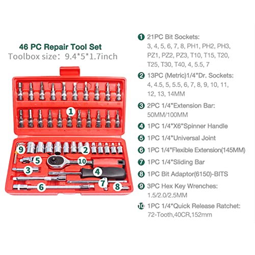 QUNNIE Juego de 46 llaves de carraca de 1/4 pulgadas, incluye juego de puntas y barra de extensión, con maletín de almacenamiento, para el hogar y la reparación de coches