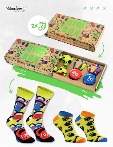 Rainbow Socks - Hombre Mujer Gimnasia Divertidos Calcetines - Gym Socks Box - Regalo para los Fanáticos del Gimnasio - 2 Pares - Talla 41-46