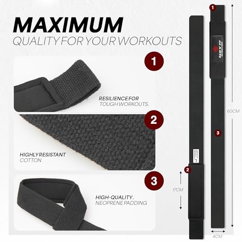 Raw N' Fit® Lifting Straps, Powerlifting, Straps Gym, Correas de Levantamiento Acolchadas, Black Wrist Straps, Agarres Gym para Hombres y Mujeres, Peso Muerto