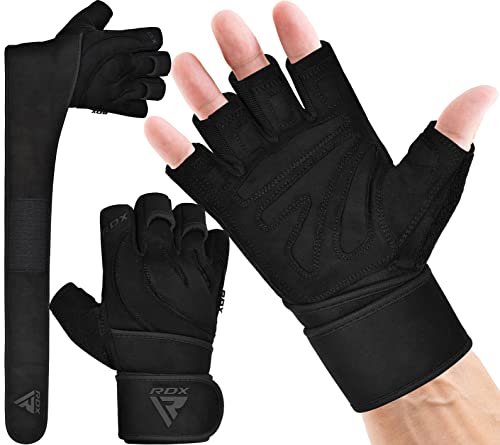 RDX Guantes Gimnasio Cuero Levantamiento de Pesas Entrenamiento, Antideslizante Palma Agarre con Muñequera Larga Fitness Gym Protección Gloves, Powerlifting Musculación Culturismo Workout Training