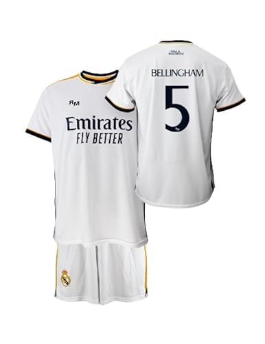 Real Madrid Conjunto Niño Camiseta y Pantalón Primera Equipación de la Temporada 2023-2024 - Bellingham 5 - Replica Oficial con Licencia Oficial - Niño (8 Años)