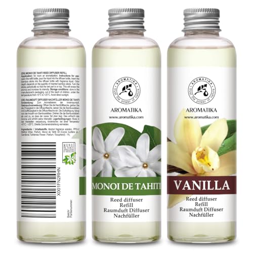 Recarga para Difusores 2 x 200ml - Monoi de Tahiti & Vanille - Recambios de Aroma para Difusores de Carrizo - para Aromaterapia - Fragancia Fresca y Duradera - SPA - Hogar - Fitness Club