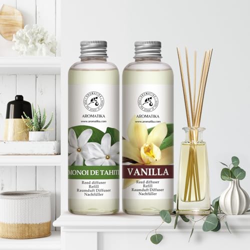 Recarga para Difusores 2 x 200ml - Monoi de Tahiti & Vanille - Recambios de Aroma para Difusores de Carrizo - para Aromaterapia - Fragancia Fresca y Duradera - SPA - Hogar - Fitness Club