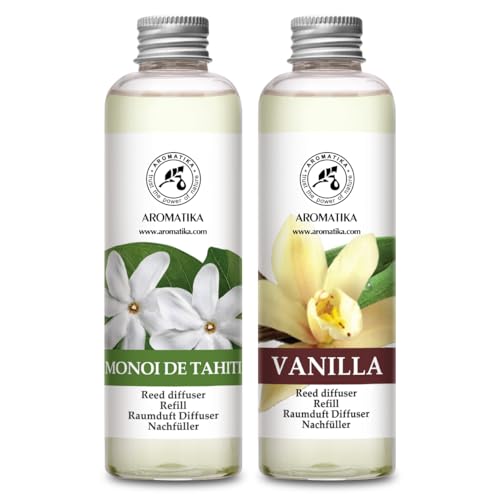 Recarga para Difusores 2 x 200ml - Monoi de Tahiti & Vanille - Recambios de Aroma para Difusores de Carrizo - para Aromaterapia - Fragancia Fresca y Duradera - SPA - Hogar - Fitness Club