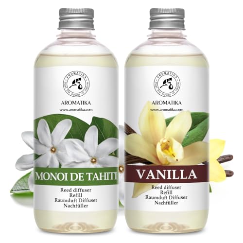 Recarga para Difusores 2 x 500ml - Monoi de Tahiti & Vanille - Recambios de Aroma para Difusores de Carrizo - para Aromaterapia - Fragancia Fresca y Duradera - SPA - Hogar - Oficina - Fitness Club