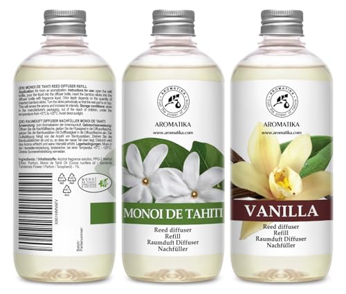 Recarga para Difusores 2 x 500ml - Monoi de Tahiti & Vanille - Recambios de Aroma para Difusores de Carrizo - para Aromaterapia - Fragancia Fresca y Duradera - SPA - Hogar - Oficina - Fitness Club