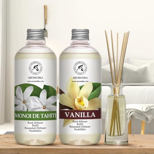 Recarga para Difusores 2 x 500ml - Monoi de Tahiti & Vanille - Recambios de Aroma para Difusores de Carrizo - para Aromaterapia - Fragancia Fresca y Duradera - SPA - Hogar - Oficina - Fitness Club