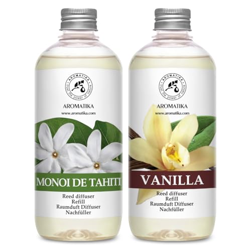 Recarga para Difusores 2 x 500ml - Monoi de Tahiti & Vanille - Recambios de Aroma para Difusores de Carrizo - para Aromaterapia - Fragancia Fresca y Duradera - SPA - Hogar - Oficina - Fitness Club