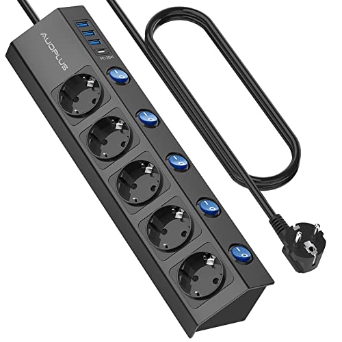 Regleta Regletas Enchufes con USB de 5 Tomas Corrientes y 4 USB Puertos (3 USB A+1 USB C),Enchufe Multiple 3680W/16A con Interruptor Independiente y Protección contra Sobrecargas,Cable de 2M