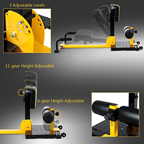 RELAX4LIFE 8 en 1 Sissy Squat Máquina Ajustable, Máquina de Sentadillas de Metal con 2 Ruedas y Almohadillas Protectoras, Entrenador para Abdominales y Flexiones, Carga 120kg, Negro y Amarillo