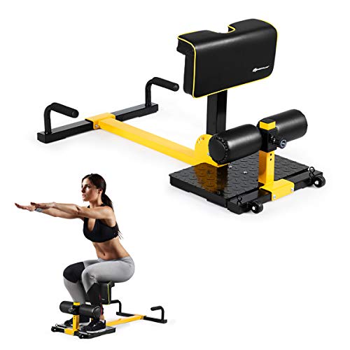 RELAX4LIFE 8 en 1 Sissy Squat Máquina Ajustable, Máquina de Sentadillas de Metal con 2 Ruedas y Almohadillas Protectoras, Entrenador para Abdominales y Flexiones, Carga 120kg, Negro y Amarillo