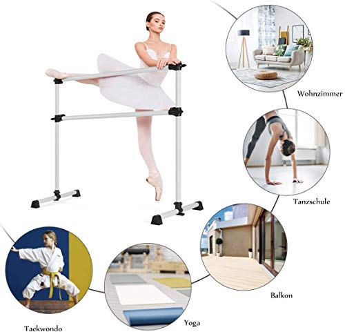 RELAX4LIFE Barra de Ballet Independiente de Metal, Barra de Ballet Ajustable en Altura con 4 Almohadillas de Goma Antideslizantes, Carga 50kg, Barra de Baile para Niños y Adultos (Plateada)