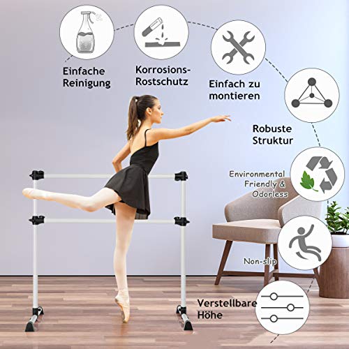 RELAX4LIFE Barra de Ballet Independiente de Metal, Barra de Ballet Ajustable en Altura con 4 Almohadillas de Goma Antideslizantes, Carga 50kg, Barra de Baile para Niños y Adultos (Plateada)