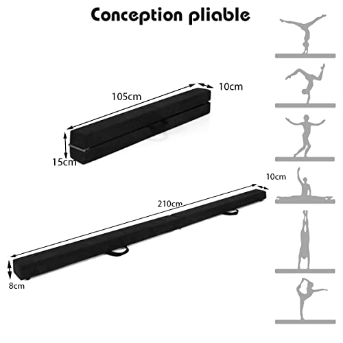 RELAX4LIFE Barra de Equilibrio Gimnasia Plegable 210 cm, Viga de Equilibrio con Patas Elevadas y Asas de Transporte, Viga de Equilibrio de EPE y Pino para Niños, 210x10x6,5cm (Negro)