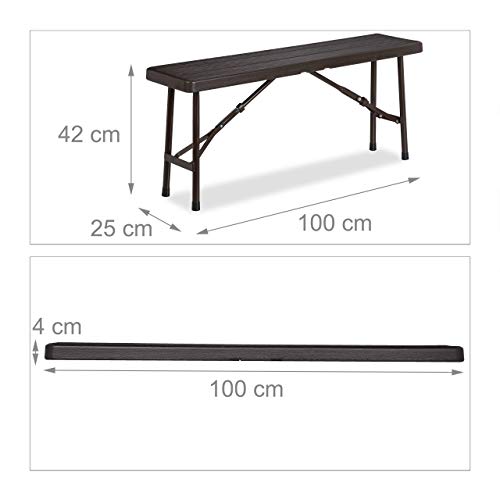 Relaxdays Bierbank Set 2 Bancos Plegables Jardín, Terraza y Patio, Efecto Madera, Plástico, Banquillo Camping 42x100x25cm, Marrón, 42 x 100 x 25 cm