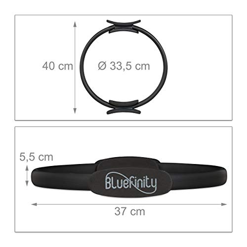 Relaxdays Bluefinity Aro Pilates con Ejercicios, Agarraderas, Acolchado, Anillo Resistencia, Yoga, Fibra de Vidrio, Ø 37cm, Negro