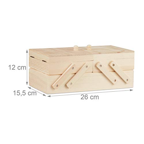 Relaxdays Nähkästchen Holz, 5 Fächer, ausklappbar, ohne Inhalt, Griffe, natürliche Optik, HBT: 12 x 26 x 15,5 cm, Natur Costurero de Madera, Cinco Compartimentos, Vacío, con Asas, Marrón