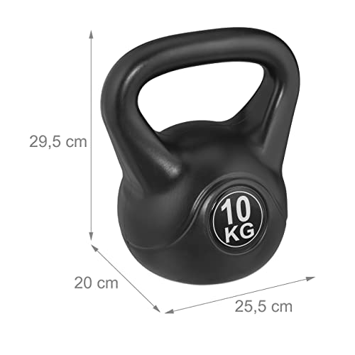 Relaxdays Pesa Rusa 10 kg, Mancuerna Relleno de Arena, Entrenamiento en Casa, Hombres y Mujeres, Ejercicio Fuerza, Negro, Plástico, 29,5 x 25,5 x 20 cm