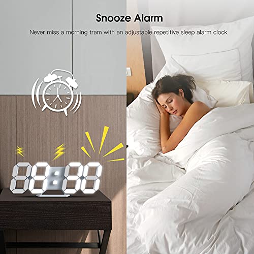 Reloj Despertador Digital 3D Snooze Alarma Pequeño de Luz Nocturna Brillo Ajustable 12/24 Horas Pantalla de Fecha/Temperatura para Cocina Salón Comedor de Estar Blanco 24.6cm con Control Remoto Blanco