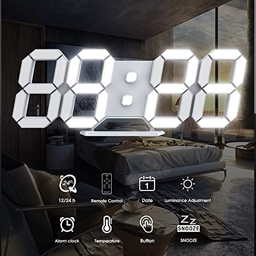 Reloj Despertador Digital 3D Snooze Alarma Pequeño de Luz Nocturna Brillo Ajustable 12/24 Horas Pantalla de Fecha/Temperatura para Cocina Salón Comedor de Estar Blanco 24.6cm con Control Remoto Blanco