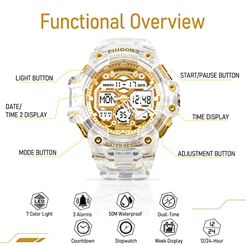 Relojes Digital Hombre,Luz LED,Gran Pantalla Analógica Impermeable,Cuenta Atrás,Reloj Parada,Hora Dual