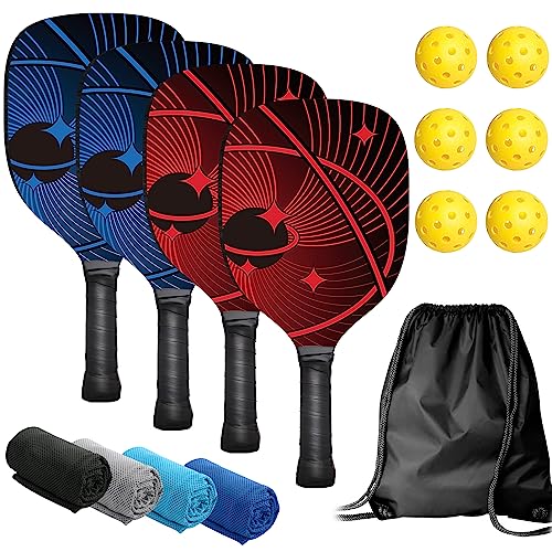 Remo de pickleball, juego de pickleball con 4 remos, juego de remos de pickleball con 4 palas de madera con mango ergonómico, 6 pelotas de pickleball y 1 bolsa de transporte