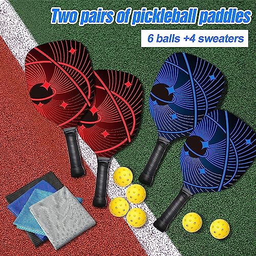 Remo de pickleball, juego de pickleball con 4 remos, juego de remos de pickleball con 4 palas de madera con mango ergonómico, 6 pelotas de pickleball y 1 bolsa de transporte