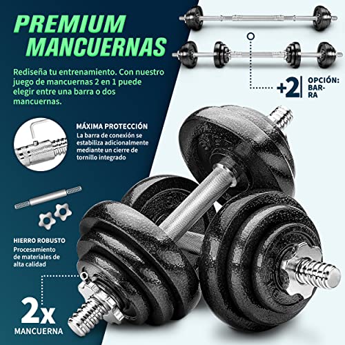 RE:SPORT Mancuernas Ajustables 15-30kg - Pesas y Mancuernas de Hierro Fundido con Barra y Discos para Culturismo, Aptitud, Halterofilia, Ejercicios de Gimnasio Doméstico