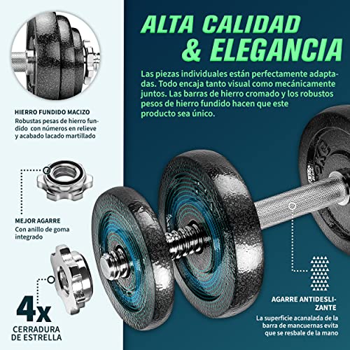 RE:SPORT Mancuernas Ajustables 15-30kg - Pesas y Mancuernas de Hierro Fundido con Barra y Discos para Culturismo, Aptitud, Halterofilia, Ejercicios de Gimnasio Doméstico