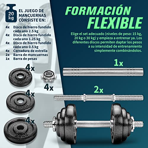 RE:SPORT Mancuernas Ajustables 15-30kg - Pesas y Mancuernas de Hierro Fundido con Barra y Discos para Culturismo, Aptitud, Halterofilia, Ejercicios de Gimnasio Doméstico