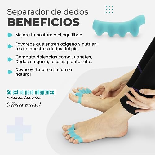 RestoreFeet Separadores de Dedos de los Pies, (2 pares) + Banda Anti-Juanetes para Enderezar los dedos Torcidos o Superpuestos - Separador dedos pie, corrector de dedos, 0% BPA