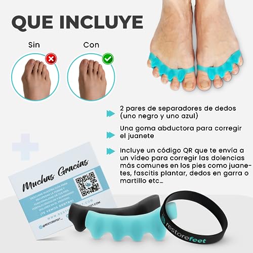 RestoreFeet Separadores de Dedos de los Pies, (2 pares) + Banda Anti-Juanetes para Enderezar los dedos Torcidos o Superpuestos - Separador dedos pie, corrector de dedos, 0% BPA