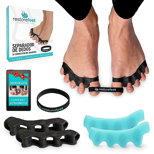 RestoreFeet Separadores de Dedos de los Pies, (2 pares) + Banda Anti-Juanetes para Enderezar los dedos Torcidos o Superpuestos - Separador dedos pie, corrector de dedos, 0% BPA