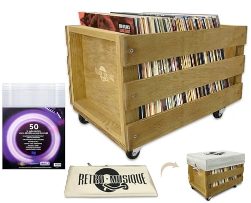 Retro Musique wooden 12 "lp vinil Records Storage Box con capacidad máxima para 100 discos en ruedas (manguitos de pvc), la portada de Hesse incluye 50 chaquetas de vinilo(acabado de teca)