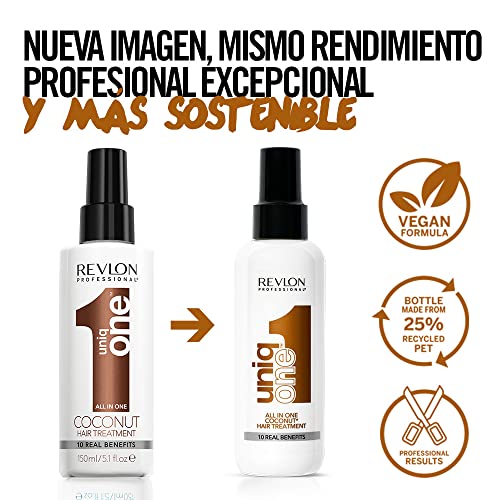 Revlon Professional UniqOne Protector Térmico Cabello, Acondicionador Pelo, Tratamiento Hidratante para el Pelo en Spray sin Aclarado, Fragancia Coco, 150 ml