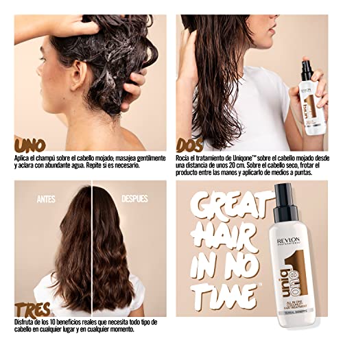 Revlon Professional UniqOne Protector Térmico Cabello, Acondicionador Pelo, Tratamiento Hidratante para el Pelo en Spray sin Aclarado, Fragancia Coco, 150 ml