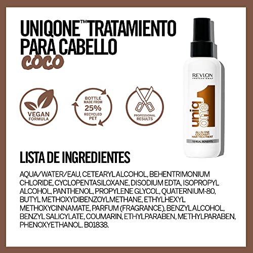 Revlon Professional UniqOne Protector Térmico Cabello, Acondicionador Pelo, Tratamiento Hidratante para el Pelo en Spray sin Aclarado, Fragancia Coco, 150 ml