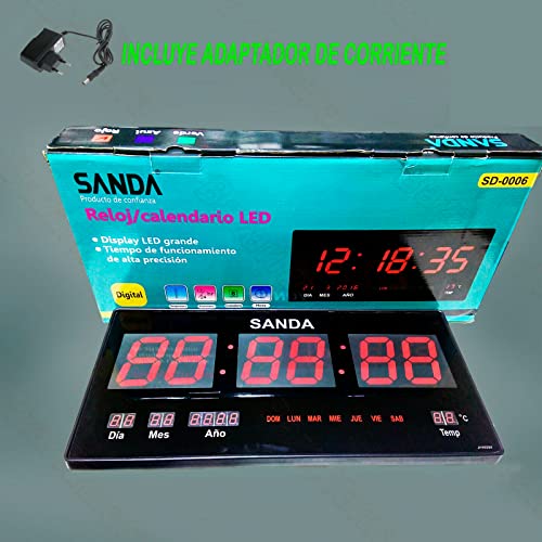 RevolutionLine - Sanda SD-0006 Reloj Digital de Pared Grande para Colgar | Led Color Rojo | Calendario | Termómetro | Fuente de Alimentacion | Alta precisión | 45 x 21,5 x 3 centímetros | Peso 1,1Kg