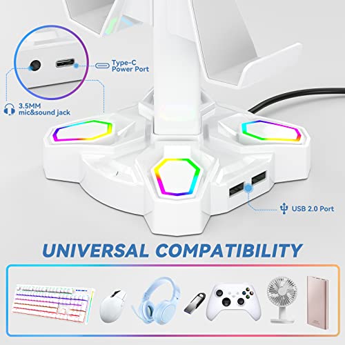 RGB Soporte Auriculares Gaming, Soporte para Cascos Gaming Giratorio con 9 Modos de Luz, Soporte Mando con 2 Puertos USB, Puerto Tipo-C y 3,5mm Conector de Audio, Headphone Stand para Gamers (Blanco)