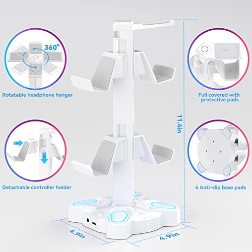 RGB Soporte Auriculares Gaming, Soporte para Cascos Gaming Giratorio con 9 Modos de Luz, Soporte Mando con 2 Puertos USB, Puerto Tipo-C y 3,5mm Conector de Audio, Headphone Stand para Gamers (Blanco)