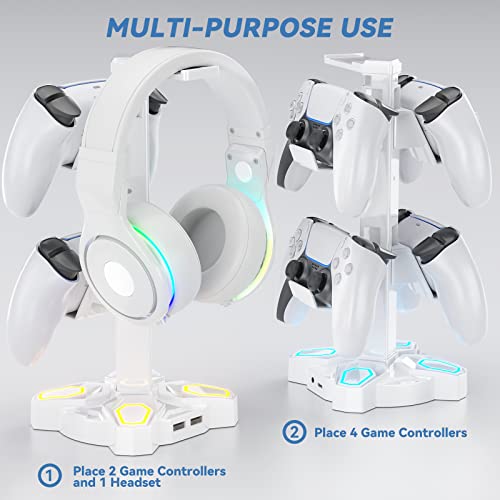 RGB Soporte Auriculares Gaming, Soporte para Cascos Gaming Giratorio con 9 Modos de Luz, Soporte Mando con 2 Puertos USB, Puerto Tipo-C y 3,5mm Conector de Audio, Headphone Stand para Gamers (Blanco)