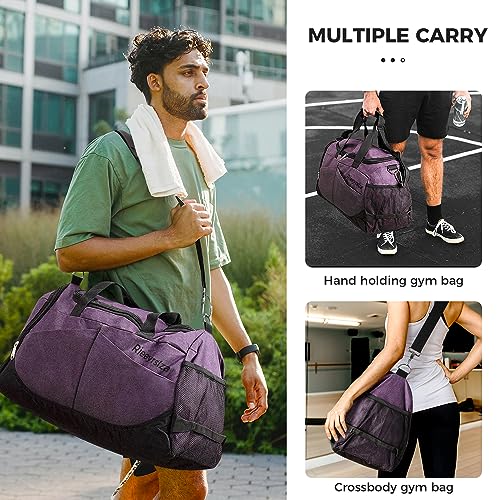 Rieeyrslza Bolsa de Deporte 40L Bolsa Deporte Gimnasio Bolsa Gimnasio de Viaje con Compartimento Impermeable Plegable Hombre Bolsas Gimnasio Bolsa de Viaje para Viajes Deporte Fitness (Morado o2)