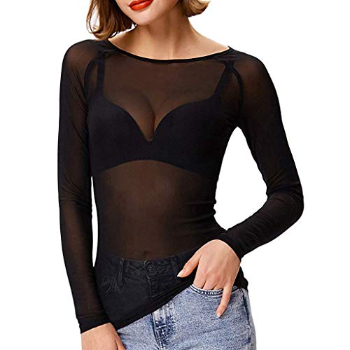 riou 2024 Camiseta Transparente Mujer Negro Sexy Manga Larga Camiseta Tops Elegante Mesh See Through Camiseta Casual Slim Chic Clubwear T Shirt Camisas de Cuello Redondo