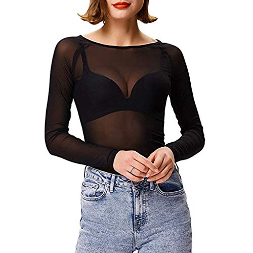 riou 2024 Camiseta Transparente Mujer Negro Sexy Manga Larga Camiseta Tops Elegante Mesh See Through Camiseta Casual Slim Chic Clubwear T Shirt Camisas de Cuello Redondo