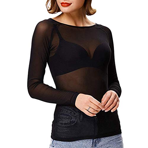 riou 2024 Camiseta Transparente Mujer Negro Sexy Manga Larga Camiseta Tops Elegante Mesh See Through Camiseta Casual Slim Chic Clubwear T Shirt Camisas de Cuello Redondo